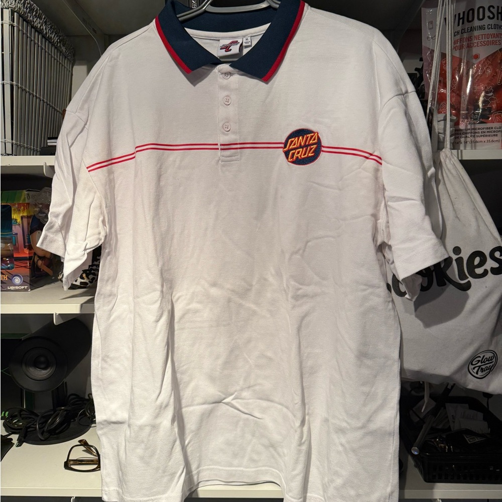 Santa Cruz Skateboards White Polo with Navy and Red Accents